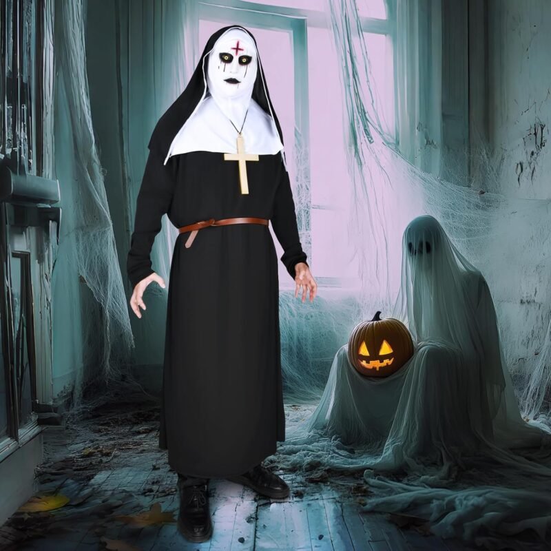Nun Costume for Women Men Scary Halloween Nun Mask Adult The Nun Costume Black Nun Dress Cosplay - Image 7