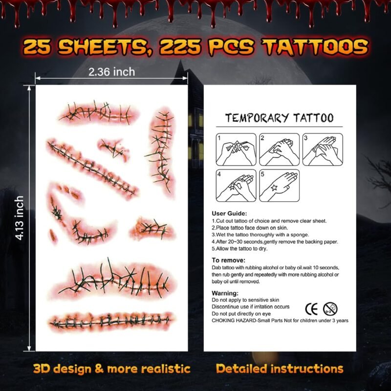 25 Sheets Halloween Zombie Stitches Temporary Tattoos, Fake Chucky Scars Bloody Wound Vampire Tattoos Realistic Stickers for Chucky Costume Cosplay Horror Makeup Pranks Party Kids Men Women - Image 2