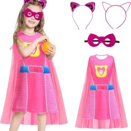 Superhero Lace Cloak Dress With Headband Mask Birthday Halloween Christmas Costume For 3-8Y Kids