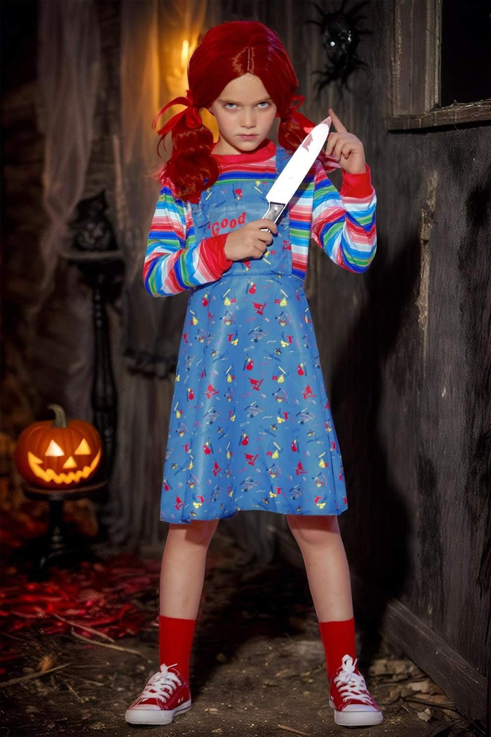 BesserBay Girl's 4PCS Halloween Costume Set Horror Killer Dress Up Mock Two-Piece 2-12 Years - Image 2