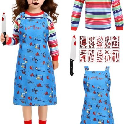 Creepy Doll Costume for Kids Horror Killer Shirt Jumpsuit Mask Halloween Cosplay Outfit for Boys Girls 3-10 Years