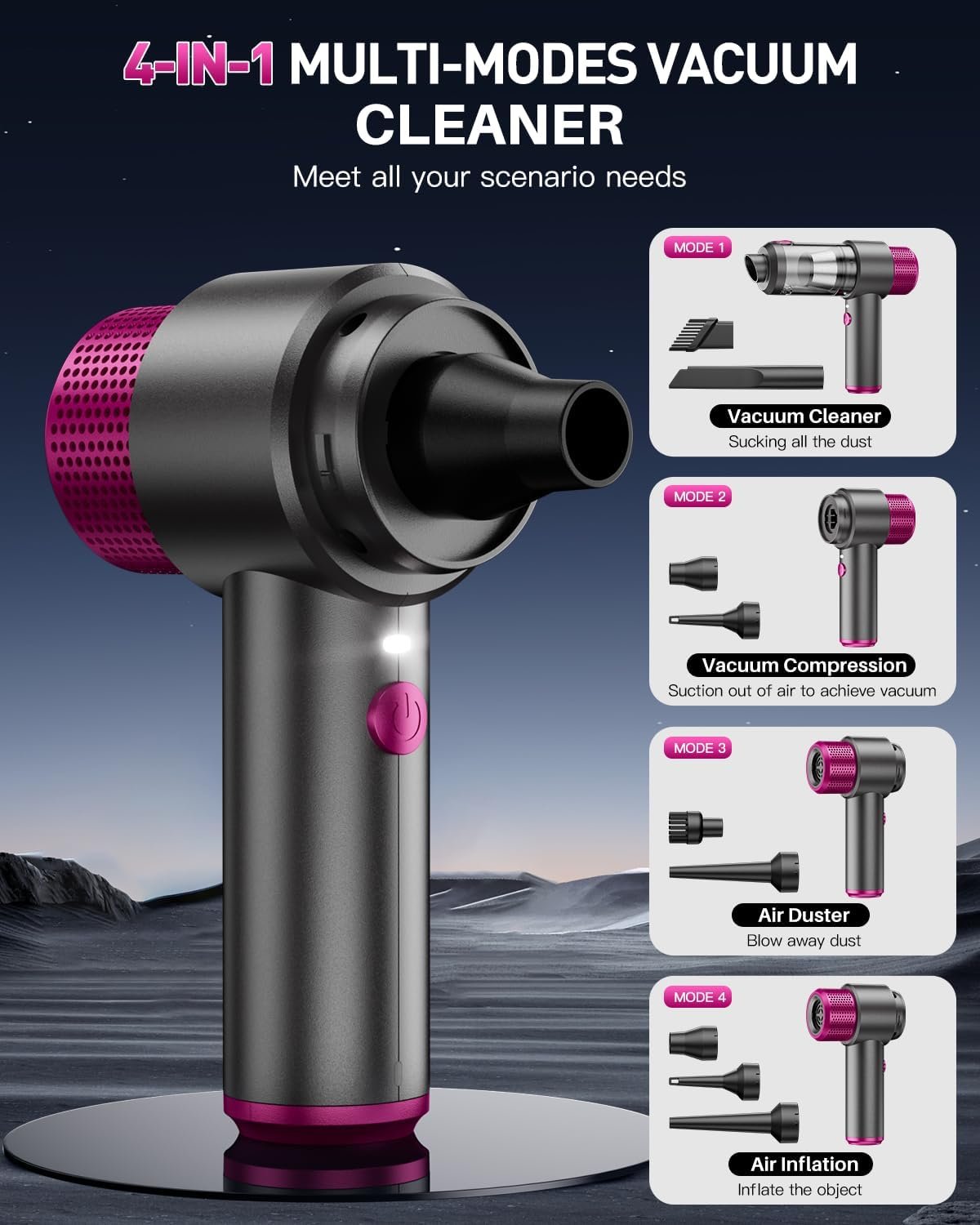 EYYA Handheld Cordless Car Vacuum Cleaner, 4-in-1 Portable Mini Car Vacuum Cleaner, 15000PA High Power & Air Duster with LED Light for Home Office - Image 3