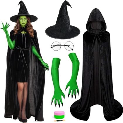 MOVINPE Green Witch Costume Set for Women – 5-Piece Hooded Cloak, Witch Hat, Green Face Paint, Long Gloves with Sharp Nails, & Glasses – Perfect for Halloween, Cosplay, and Themed Parties