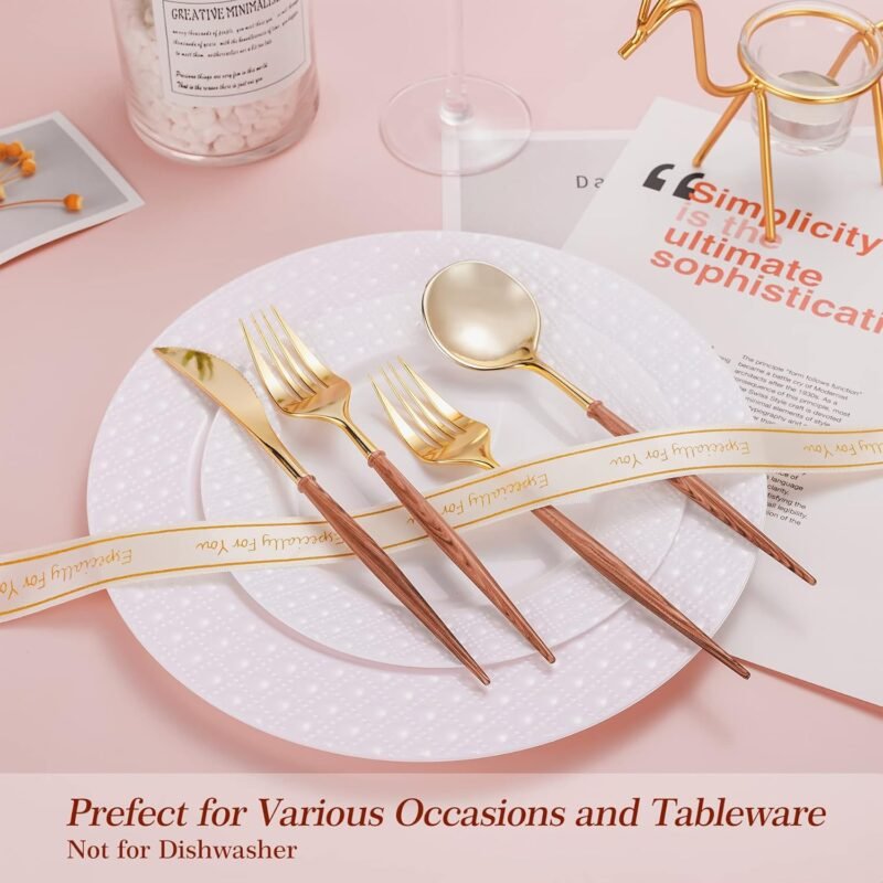 Lullaby 120PCS Gold Plastic Silverware, Gold Disposable Cutlery with Wood Grain Handle Include 40 Forks, 40 Spoons, 40 Knives, Elegant Disposable Silverware for Wedding, Party, Gathering, Daily Use - Image 4
