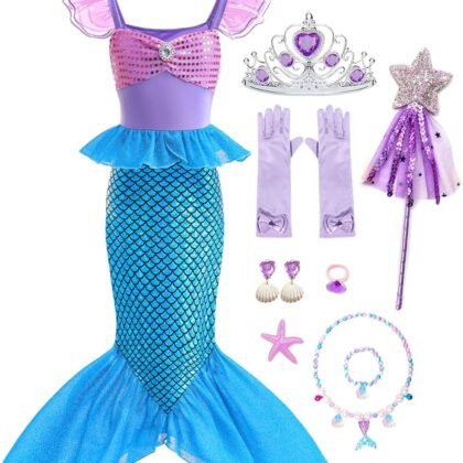 Little Girls Mermaid Princess Costume Sequins Party Dress for Toddler Kids Baby Halloween Dress Up with Accessories