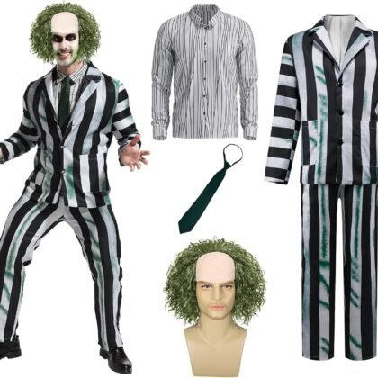 5 Pcs Black and Green Stripe Suit with Wig Adult Costumes for Men Movie Cosplay Outfits for Halloween