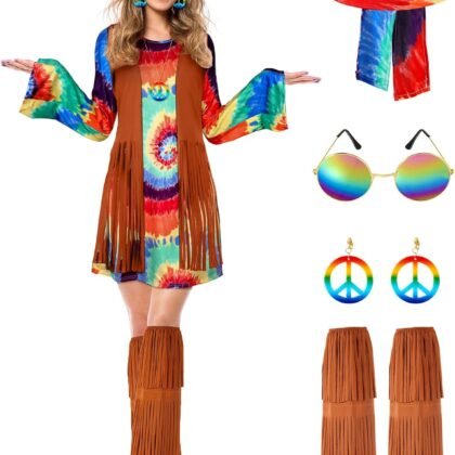 SATINIOR 70s 60s Hippie Costume Set 70s Outfits Accessories Halloween Women Disco Dress for Carnival Party