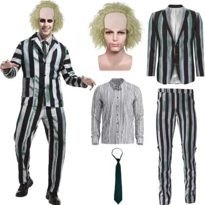 Adult Men Costume Black and White Striped Suit with Wig for Halloween Cosplay Party Outfit Horror Movie Character