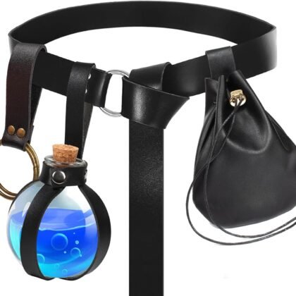 SUMGOGO 4 Pcs Halloween Renaissance Belt Pouch Witch Bottle Skirt Hikes Medieval Viking Pirate Leather Belt Costume Set