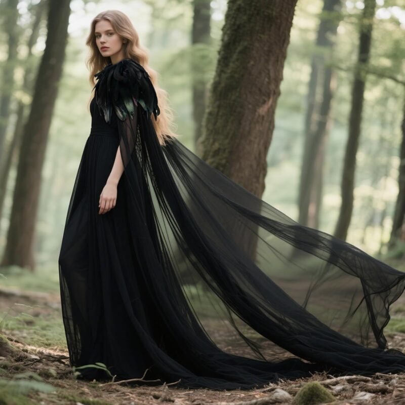 L'VOW Women's Gothic Feather Cloak Gothic Tulle Cape with Feather Collar Vampire Cloak Witches Cape Cosplay Costume - Image 3