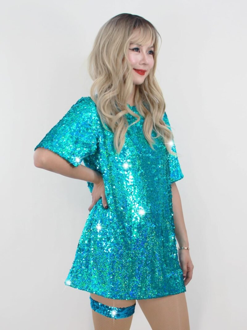 Sequin T-Shirt Dress Sparkly Casual Short Sleeve Party Club Outfit Costume - Image 6