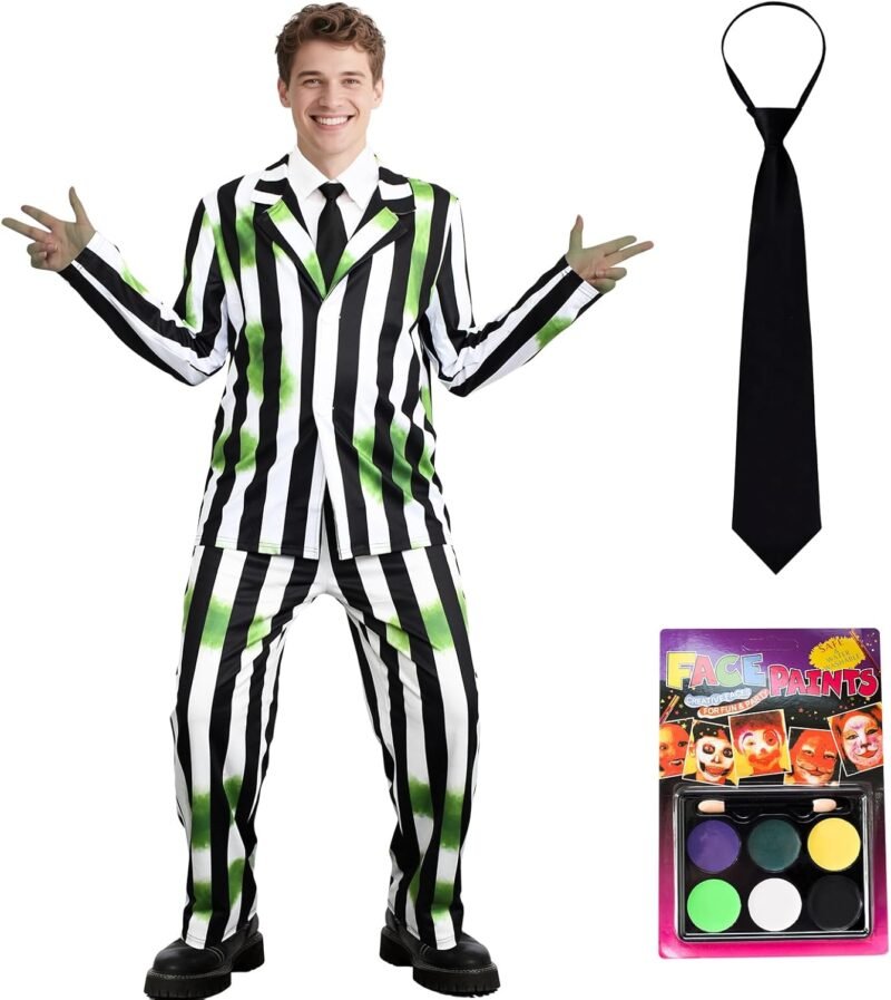 Men's Black, White & Green Striped Halloween Costume, Adult Cosplay Suit with Necktie and Face Paint for Horror Themed