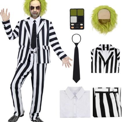 7 Pcs Horror Movie Costume Men Black and White Striped Suit Adult Horror Comedy Character Cosplay Outfit with Wig