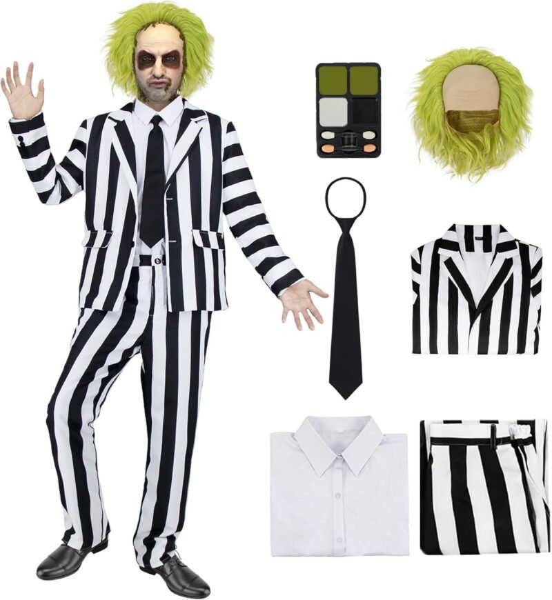 7 Pcs Horror Movie Costume Men Black and White Striped Suit Adult Horror Comedy Character Cosplay Outfit with Wig