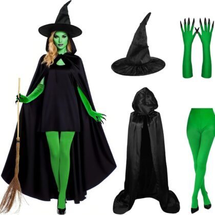 Witch Costume for Women Halloween Cosplay with Hooded Cape Witch Hat Gloves Socks Cosplay Props Party Outfits