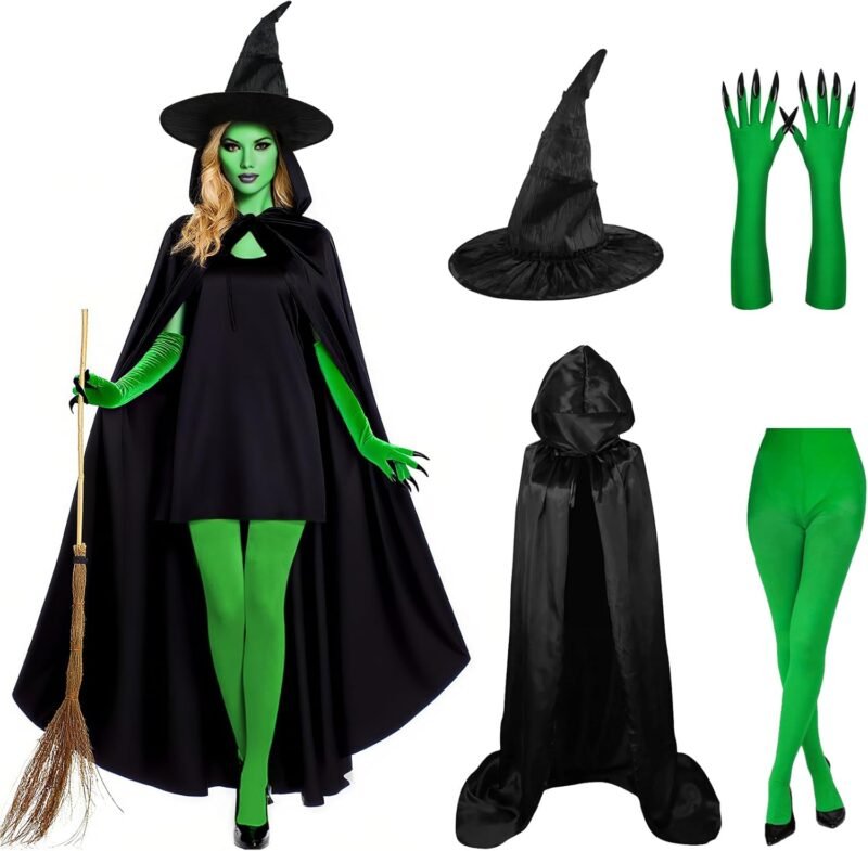 Witch Costume for Women Halloween Cosplay with Hooded Cape Witch Hat Gloves Socks Cosplay Props Party Outfits