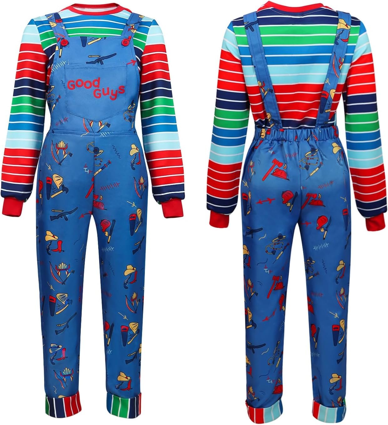 Scary Costume Adult Creepy Doll Killer Costume for Men Women Colorful Striped Shirt with Accessories Halloween - Image 2