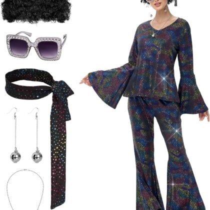 70s Disco Costume for Women - 1970s Disco Outfit with Wig, Earrings, glasses, Necklace, Headband, Sequin Top & Bell Bottoms