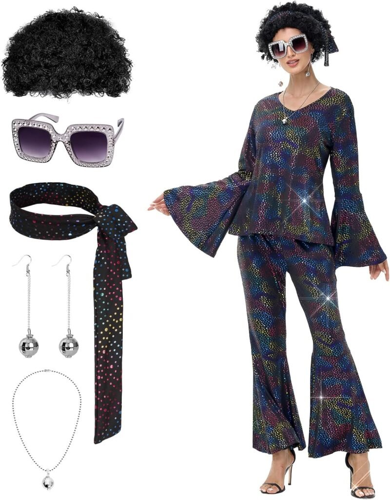 70s Disco Costume for Women - 1970s Disco Outfit with Wig, Earrings, glasses, Necklace, Headband, Sequin Top & Bell Bottoms