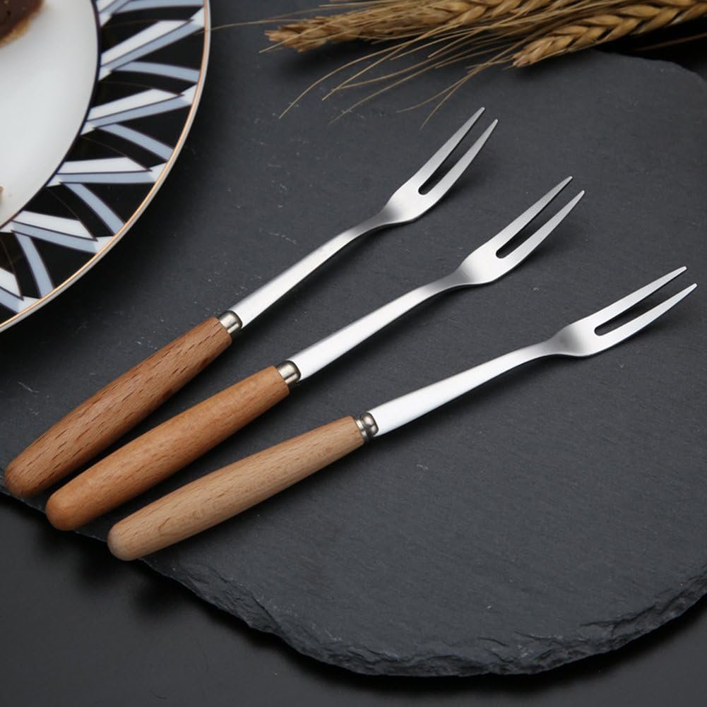 6 Pcs Wooden Handle Stainless Steel Two Prong Forks Fruit Cake Appetizer Forks - Image 6