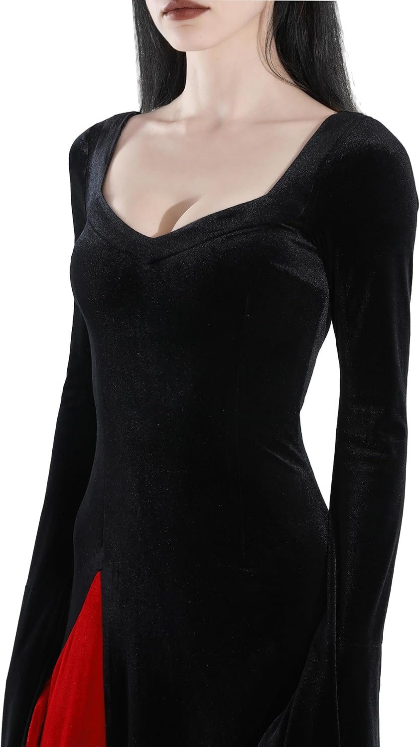 QRT Morticia Addams Costume, Women Velvet Maxi Dress,Vintage Gothic Witch Long Dress Halloween Family Cosplay Cocktail Party - Image 3