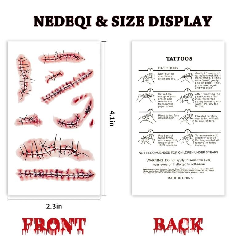 20 Sheets Halloween Zombie Temporary Tattoos - NEDEQI Chucky Scar Fake Blood Tattoos Waterproof Realistic Stitches Wound Temp Tattoo for Chucky Cosume Prank Makeup Cosplay Kids Men Women Adults - Image 2