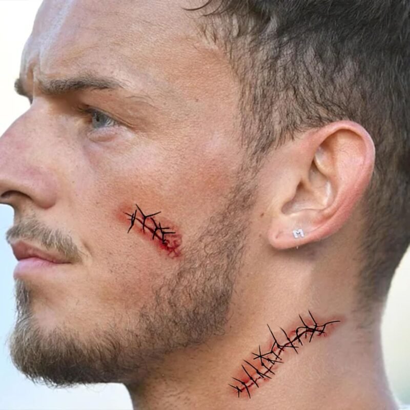 20 Sheets Halloween Zombie Temporary Tattoos - NEDEQI Chucky Scar Fake Blood Tattoos Waterproof Realistic Stitches Wound Temp Tattoo for Chucky Cosume Prank Makeup Cosplay Kids Men Women Adults - Image 4