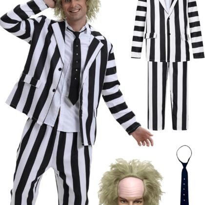 Men's Black & White Striped Halloween Costume Set – Jacket, Pants & Tie – Classic Movie-Inspired Cosplay Outfit