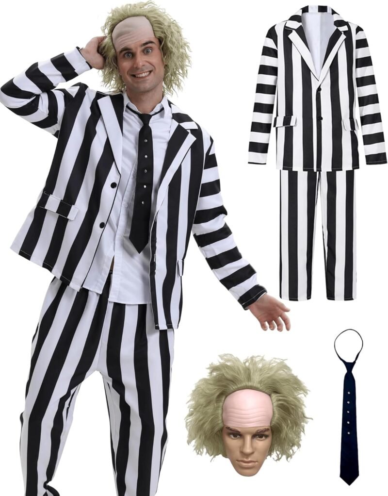 Men's Black & White Striped Halloween Costume Set – Jacket, Pants & Tie – Classic Movie-Inspired Cosplay Outfit