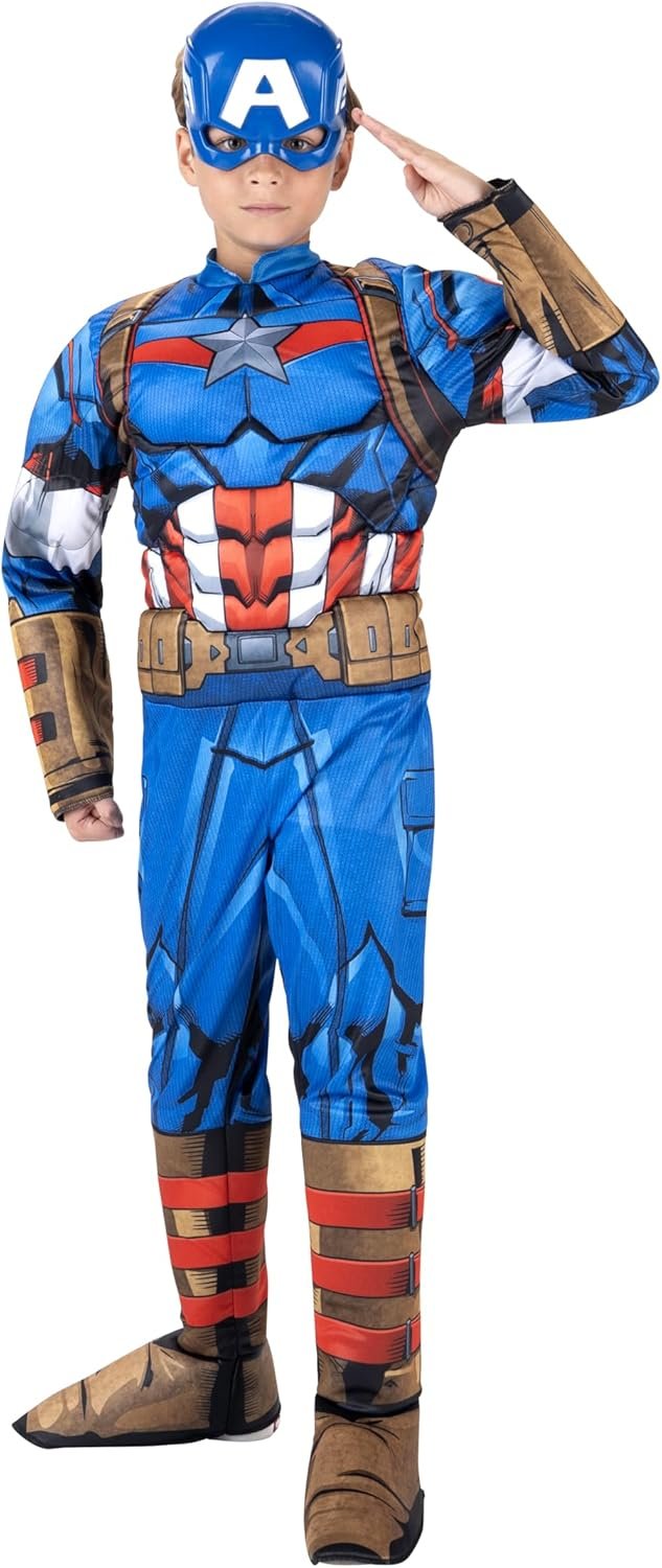 Marvel Captain America Official Youth Halloween Costume - Premium Quality Padded Jumpsuit with Plastic Mask