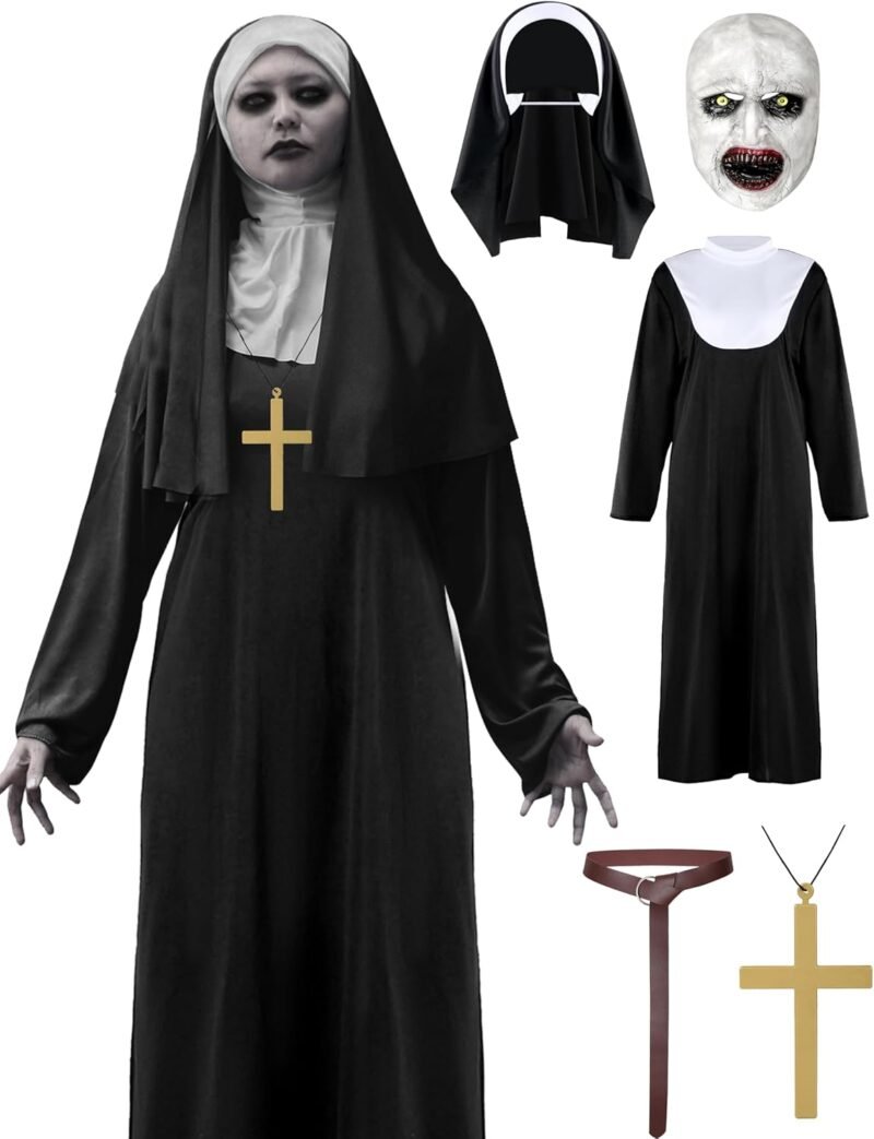 CICOCI Unisex Nun Costume For Men Women With Scary Mask Set Adult Halloween Costume Plus Size