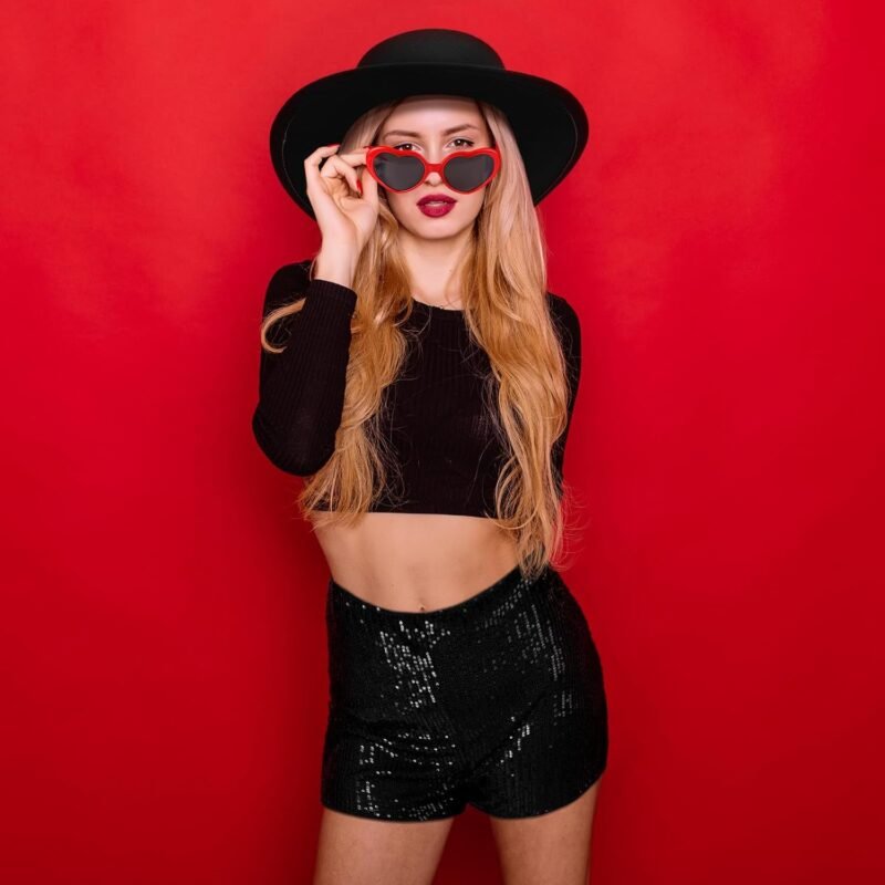 Riceshoot 3 Pcs Halloween Singer Costume Black Bowler Hat Heart Sunglasses Shorts for Costume Party Music Festival Concert - Image 5
