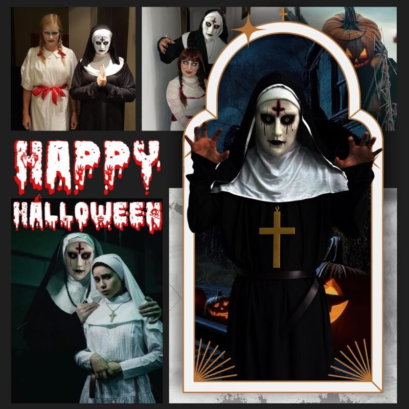 Nun Costume for Women Men Scary Halloween Nun Mask Adult The Nun Costume Black Nun Dress Cosplay - Image 5