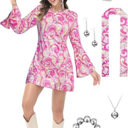 70s Outfits Costume for Women, 7pcs 60s Disco Dress Necklace Earrings Sunglass Bracelets Ring Party Supplies