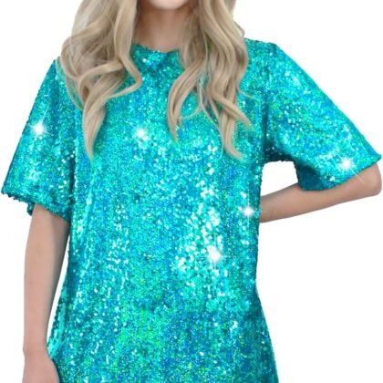 Sequin T-Shirt Dress Sparkly Casual Short Sleeve Party Club Outfit Costume