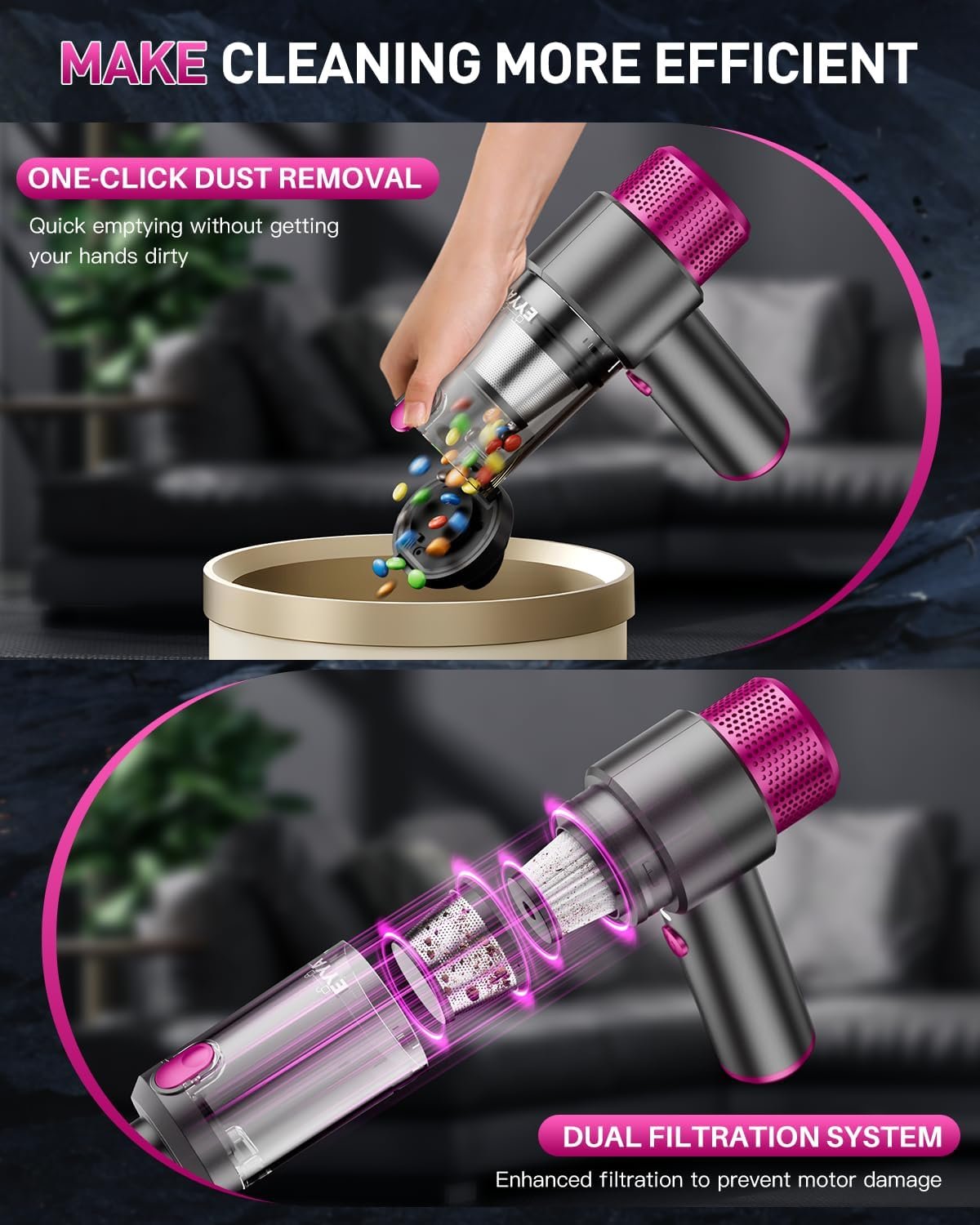 EYYA Handheld Cordless Car Vacuum Cleaner, 4-in-1 Portable Mini Car Vacuum Cleaner, 15000PA High Power & Air Duster with LED Light for Home Office - Image 5