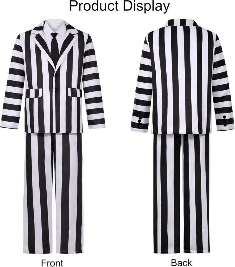 7 Pcs Horror Movie Costume Men Black and White Striped Suit Adult Horror Comedy Character Cosplay Outfit with Wig - Image 4
