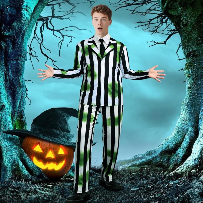 Men's Black, White & Green Striped Halloween Costume, Adult Cosplay Suit with Necktie and Face Paint for Horror Themed - Image 6