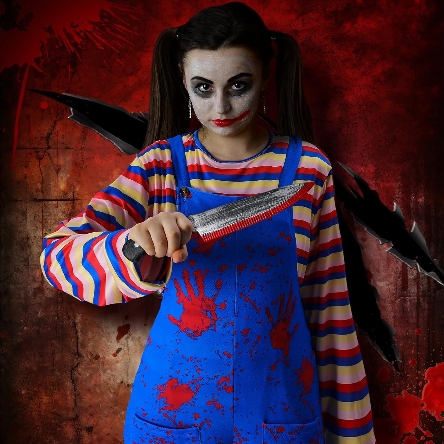 Jiuguva 4 Pcs Women Halloween Nightmare Killer Doll Costume Rainbow Stripe Shirt Outfit Thigh High Sock Plastic Knife - Image 4