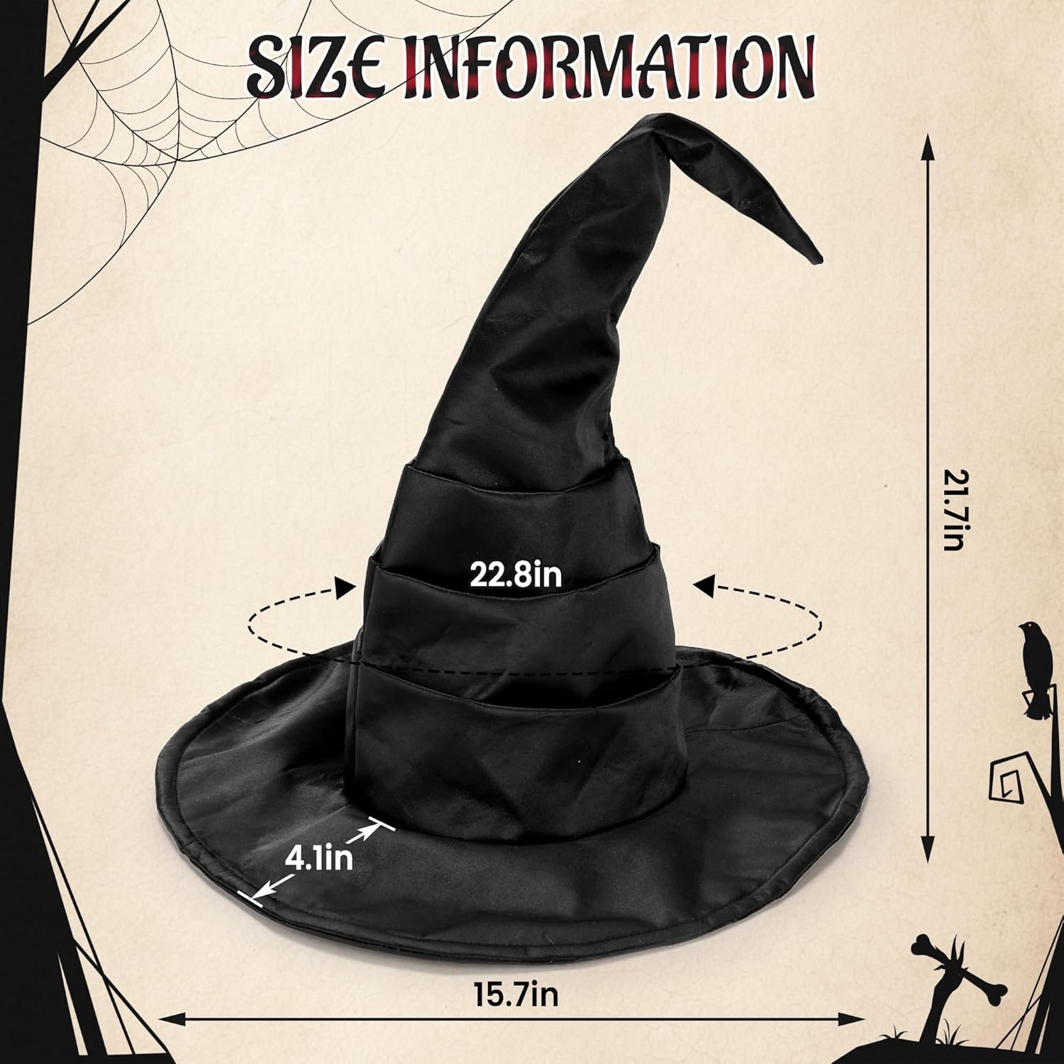 Ibeauti Women Halloween Witch Hat Long Ruched Black Witch Costume Hat Accessory - Image 4