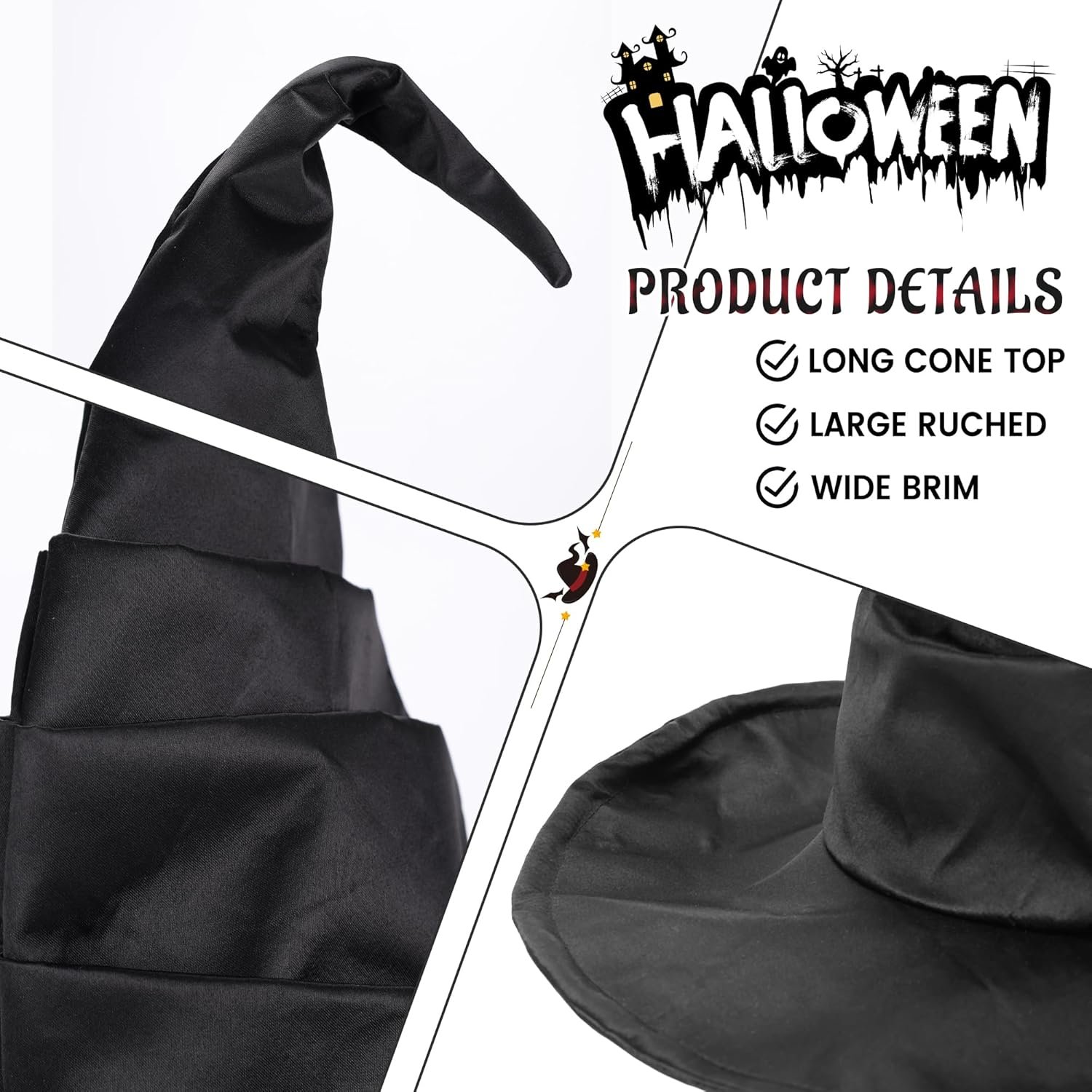 Ibeauti Women Halloween Witch Hat Long Ruched Black Witch Costume Hat Accessory - Image 5