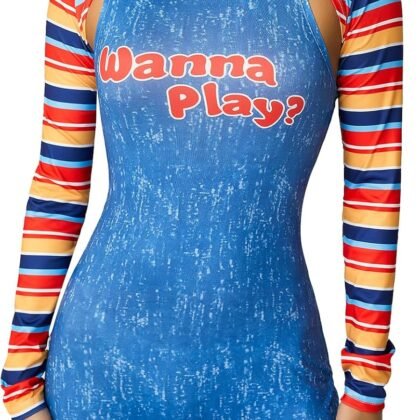 Womens Scary Nightmare Killer Doll Halloween Costumes Movie Character Bodysuit Set Fancy Dress Outfits