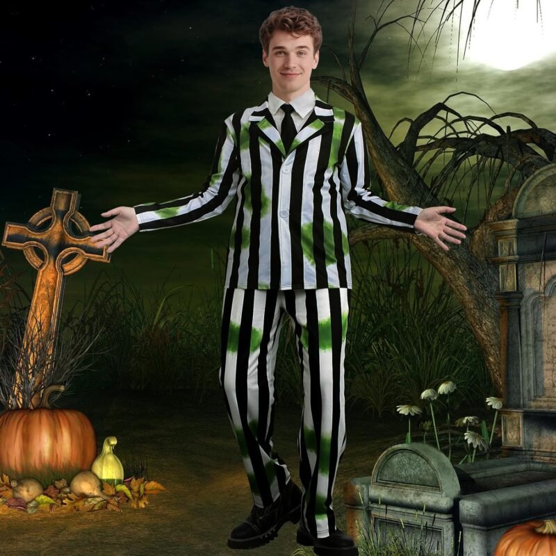 Men's Black, White & Green Striped Halloween Costume, Adult Cosplay Suit with Necktie and Face Paint for Horror Themed - Image 5