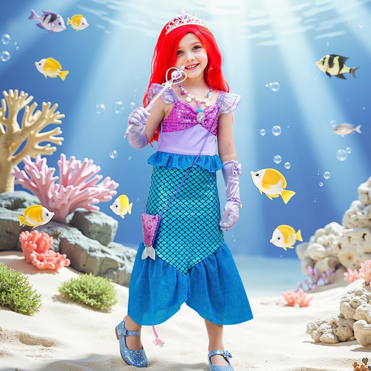Girls Little Mermaid Costume Princess Dress Up Set with Wig Accessories for Halloween Cosplay Party 3-7 Years - Image 4