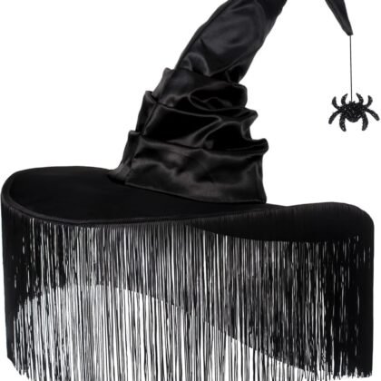 JUSTOTRY Witch Hat for Women - Halloween Women Costume Black Witches Hats with Dangle Fringe for Hallowee Decor Accessories Hocus Pocus Party Favor