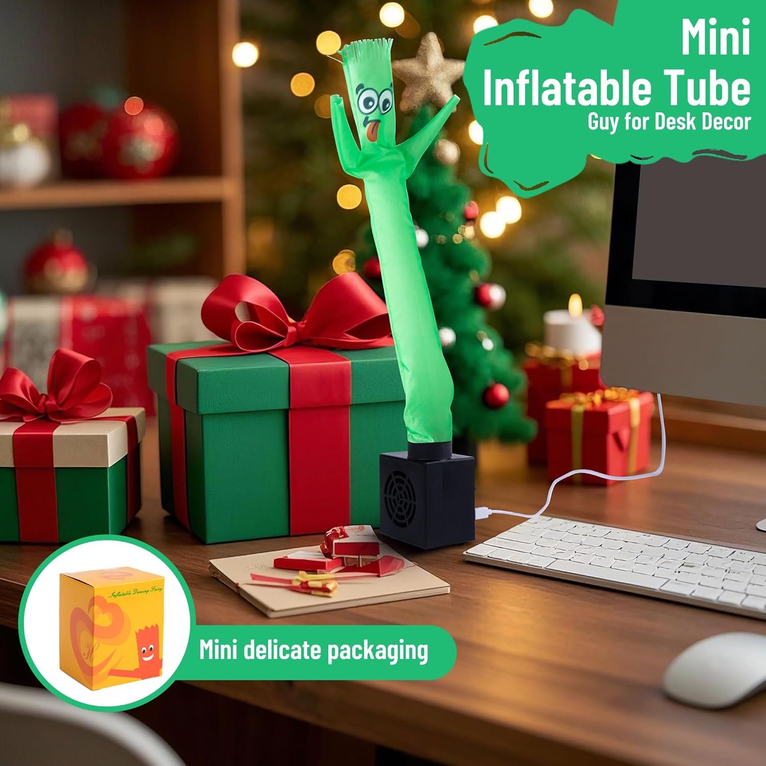 Mini Wacky Waving Inflatable Tube Guy Prank Office Humor Mini Inflatable Tube Man with Blower and USB Powered for Store Fronts Parties Home Decor Birthday Gift-Green - Image 5
