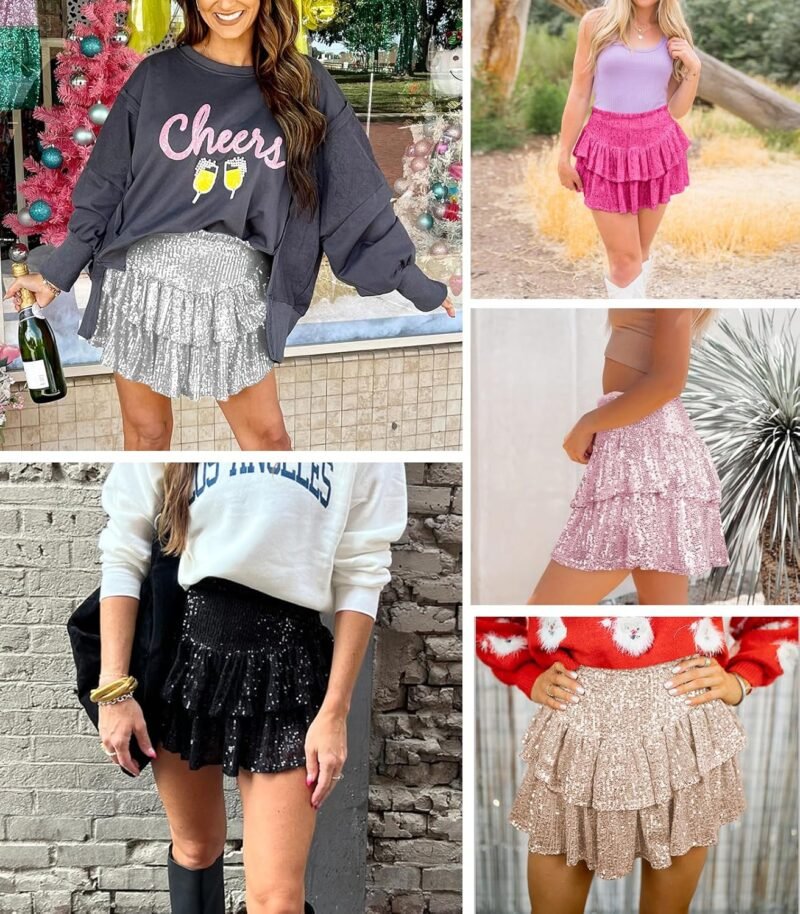 Women Sequin Skirt Sparkly Cute High Waist Ruffle Flowy Shiny Glitter Mini Short Skirts Night Out Club Party - Image 5