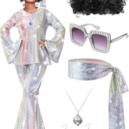 Jexine Halloween 70s Women Disco Outfit Costume Set Disco Party Top Pants Sunglasses Ball Necklace Earring Wig
