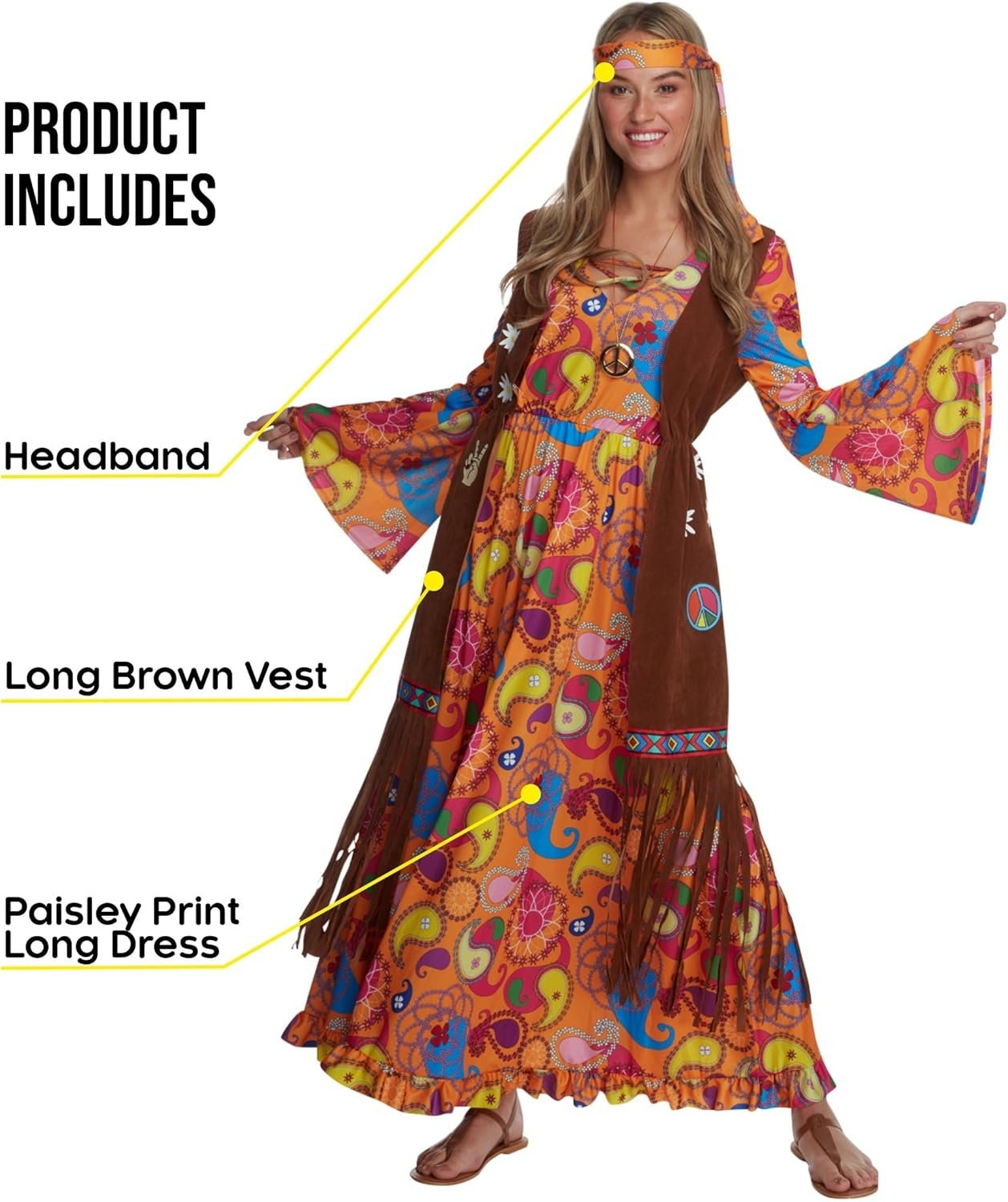Morph Hippie Costume Women, 70s Costume For Women, 70s Long Dress, Womens 60s Halloween Costumes, Womens Halloween Costumes - Image 2