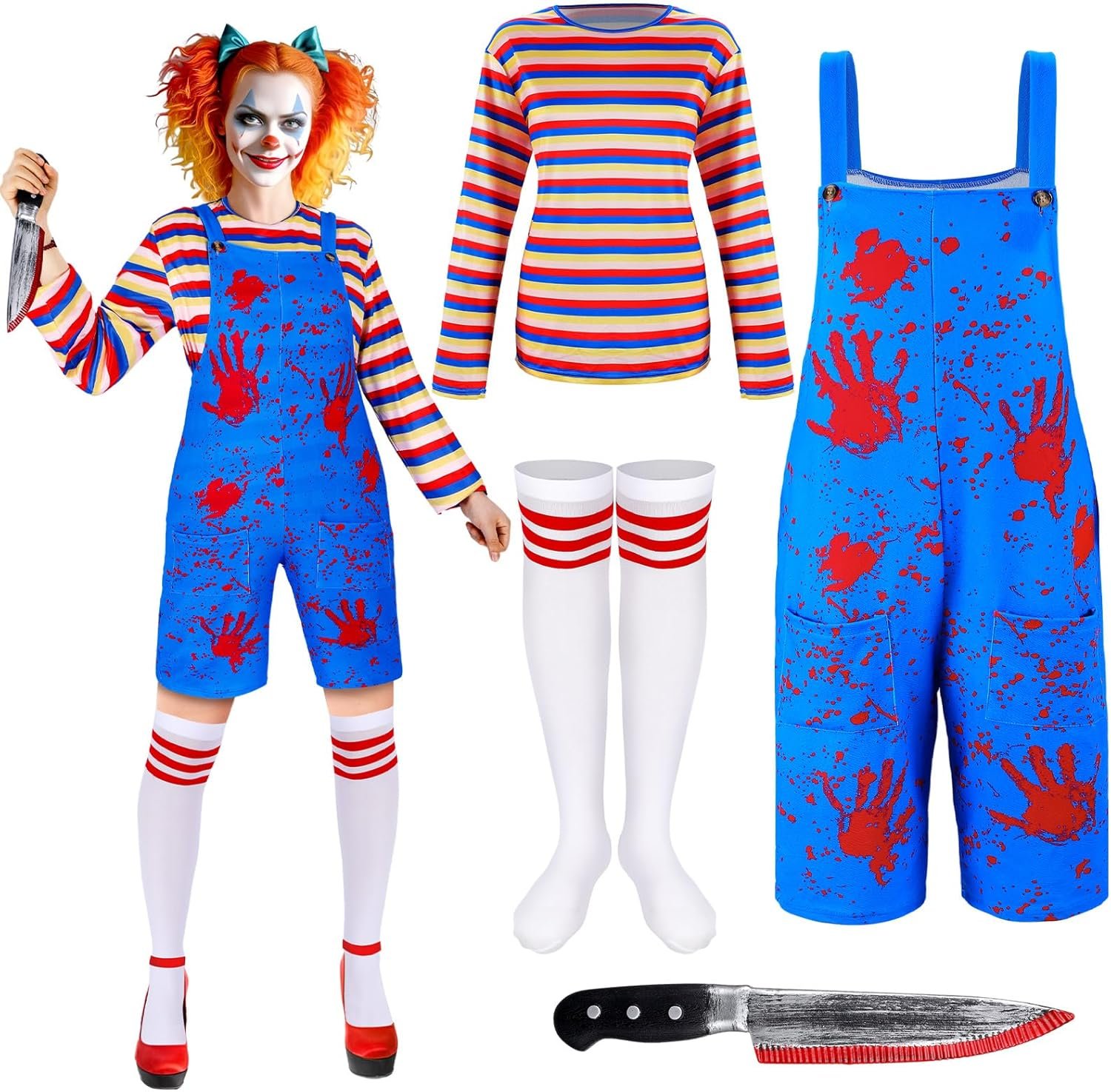 Jiuguva 4 Pcs Women Halloween Nightmare Killer Doll Costume Rainbow Stripe Shirt Outfit Thigh High Sock Plastic Knife